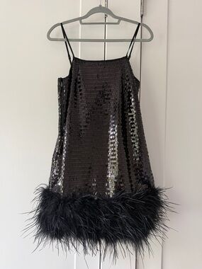 Black Sequin Feather Hem Party Dress